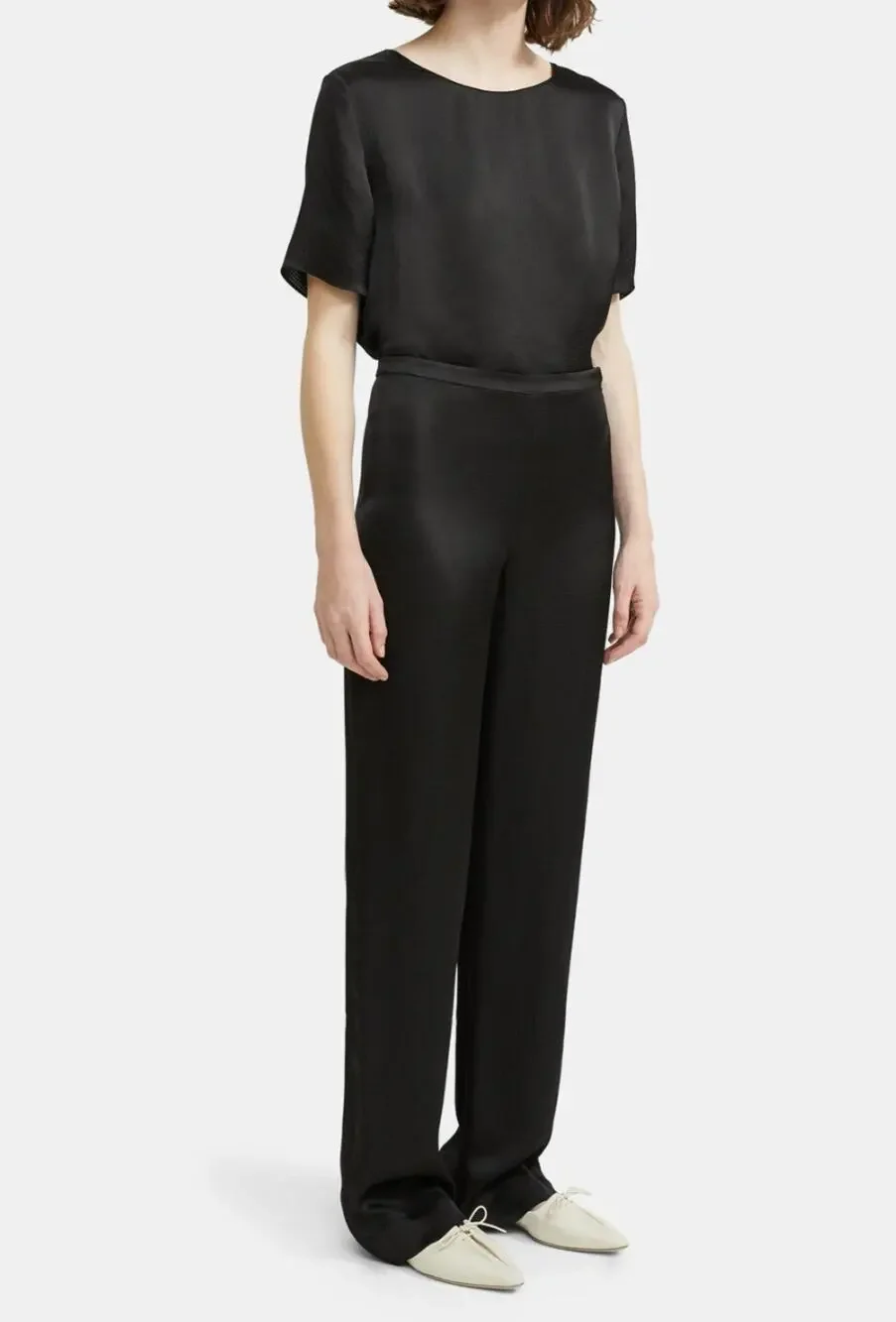 THEORY Black Pajama Pant in Hammered Viscose Satin Side-Zip Full Length 4 S